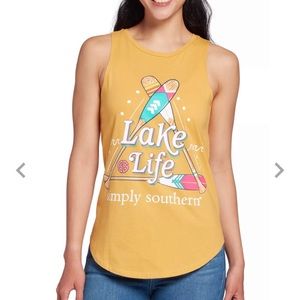 Simply Southern Women's Lake Life Graphic Spell Out Tank Top Yellow NWT Small